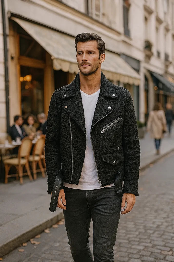 Men's Black Persian Karakul Fur Biker Jacket – Luxury Textured Moto Jacket