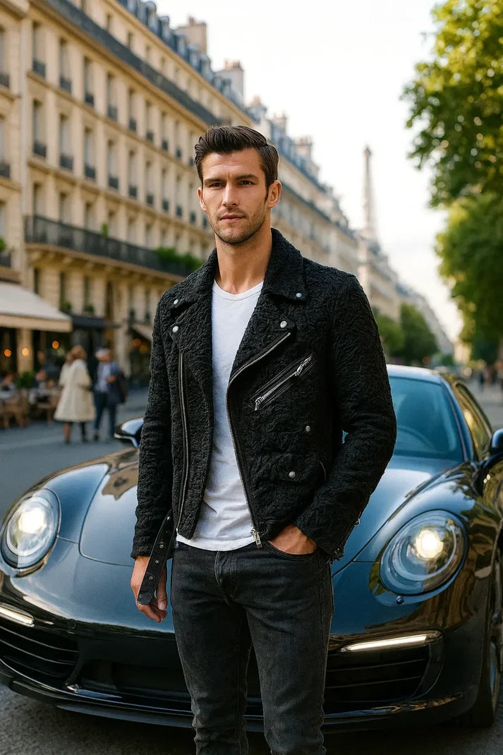 Men's Black Persian Karakul Fur Biker Jacket – Luxury Textured Moto Jacket