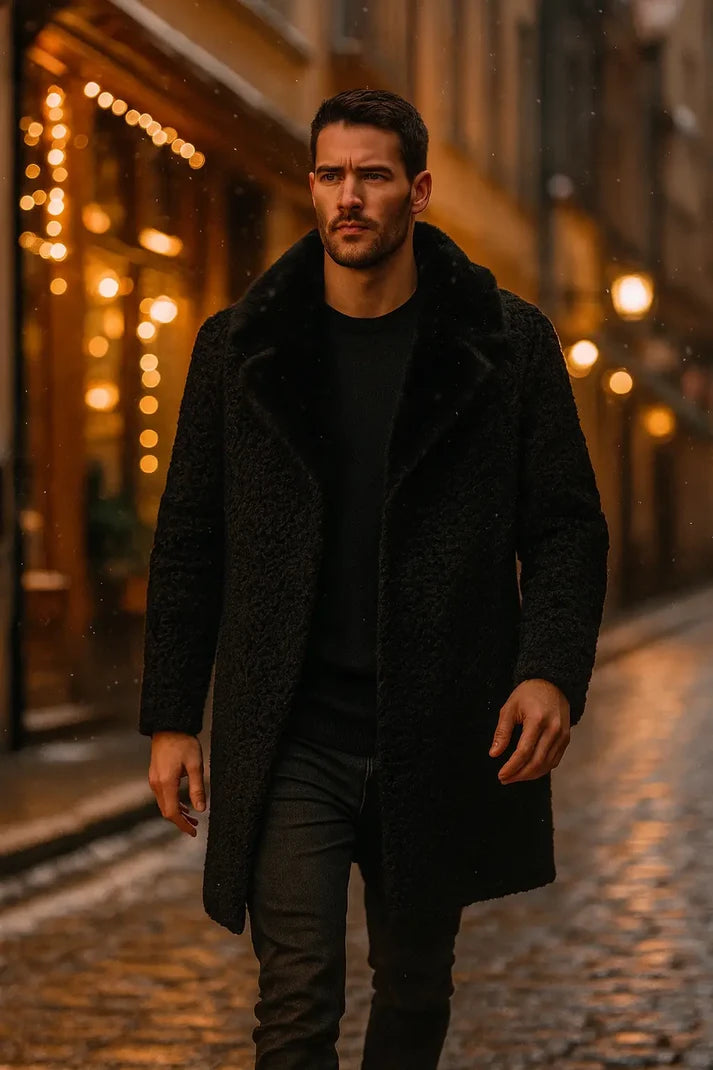 Men's Black Persian Lamb Long Coat – Real Mink Fur Collar Overcoat