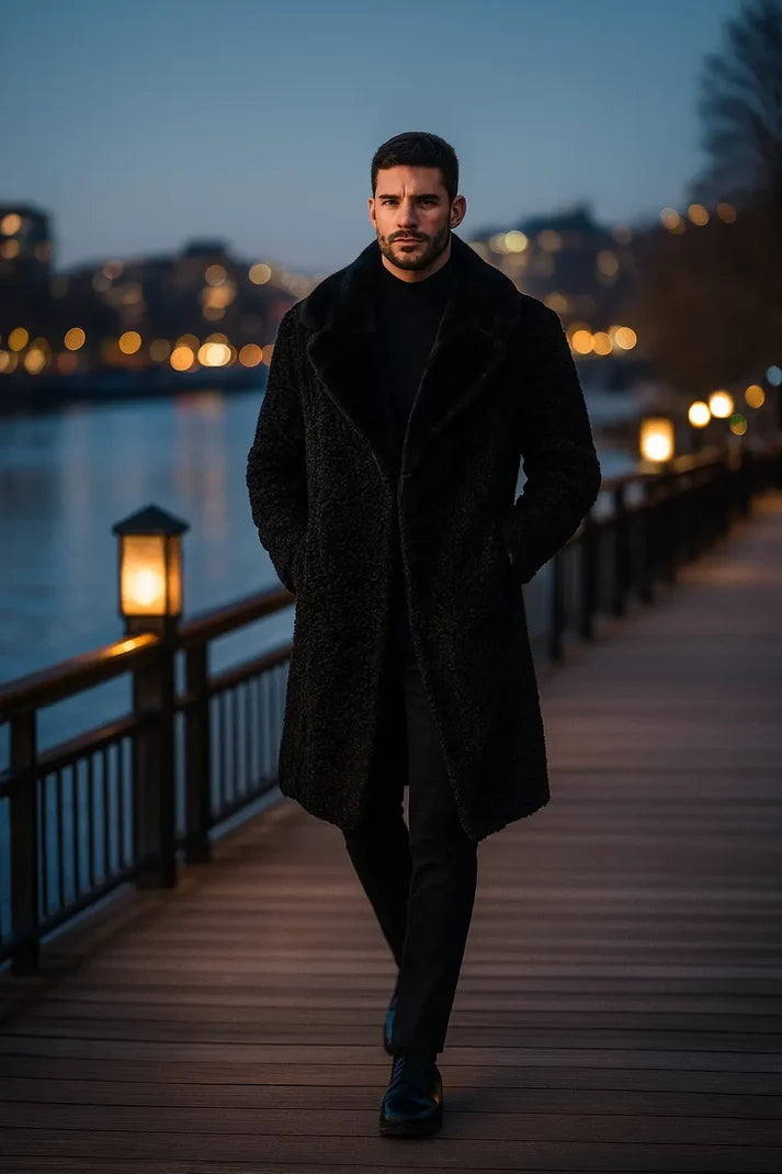 Men's Black Persian Lamb Long Coat – Real Mink Fur Collar Overcoat