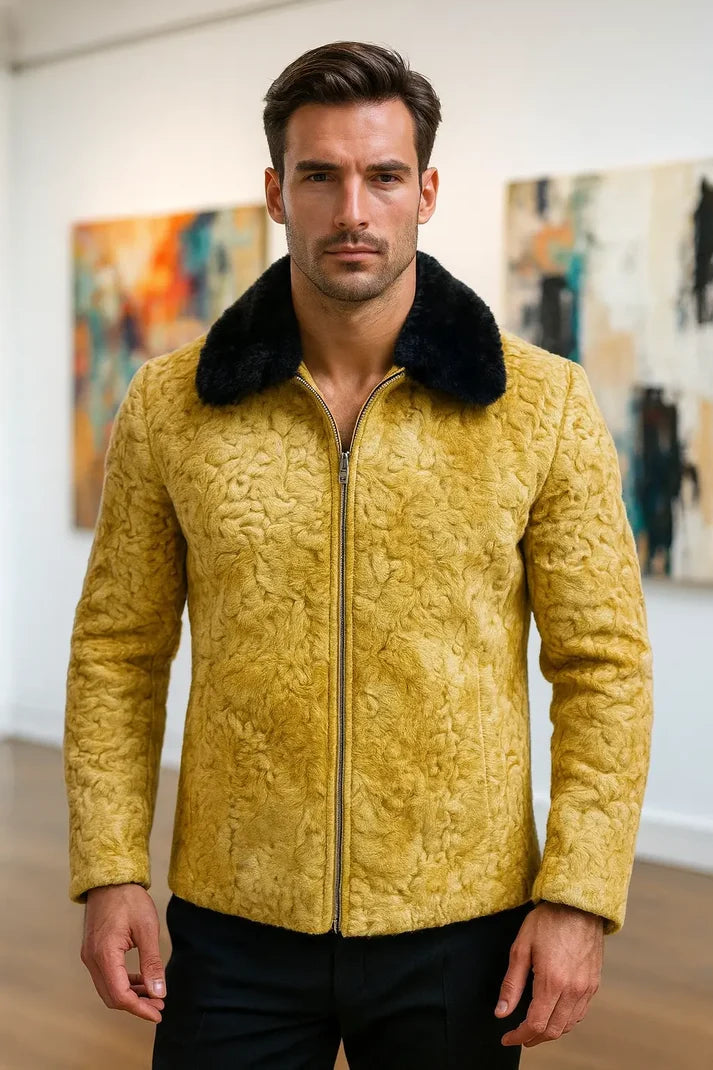Men's Mustard Brown Persian Lamb Fur Bomber Jacket – Shearling Collar Coat