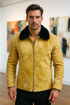 Men's Mustard Brown Persian Lamb Fur Bomber Jacket – Shearling Collar Coat