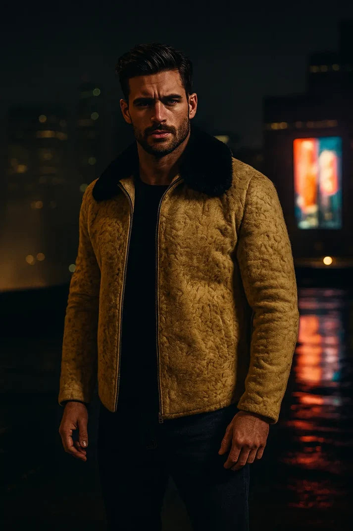 Men's Mustard Brown Persian Lamb Fur Bomber Jacket – Shearling Collar Coat