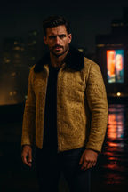 Men's Mustard Brown Persian Lamb Fur Bomber Jacket – Shearling Collar Coat