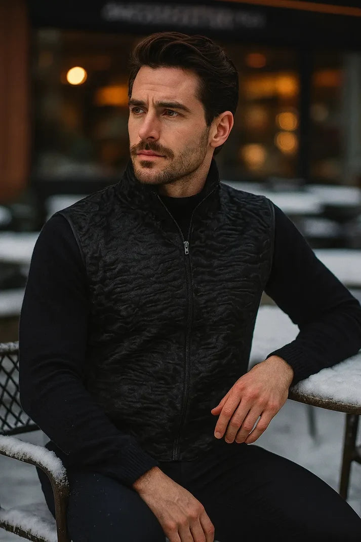 Men’s Black Textured Vest – Zip-Up Stand Collar Waistcoat