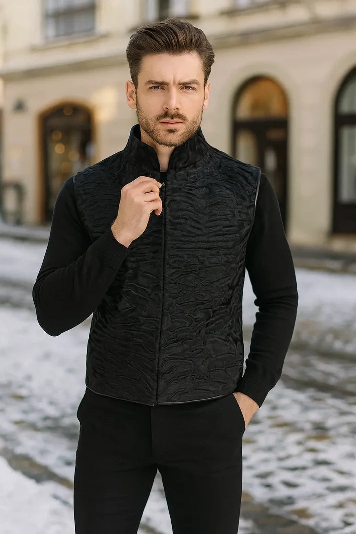 Men’s Black Textured Vest – Zip-Up Stand Collar Waistcoat