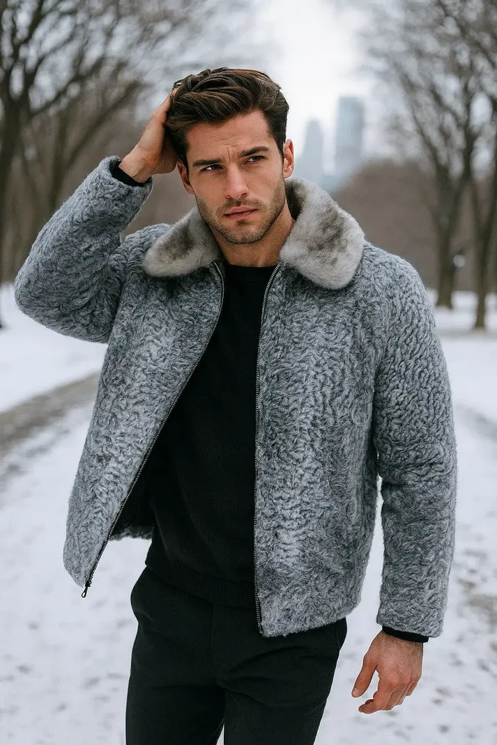 Men's Grey Persian Lamb Fur Jacket – Broadtail Astrakhan Mink Collar Coat