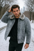 Men's Grey Persian Lamb Fur Jacket – Broadtail Astrakhan Mink Collar Coat