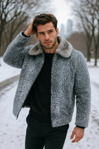 Men's Grey Persian Lamb Fur Jacket – Broadtail Astrakhan Mink Collar Coat