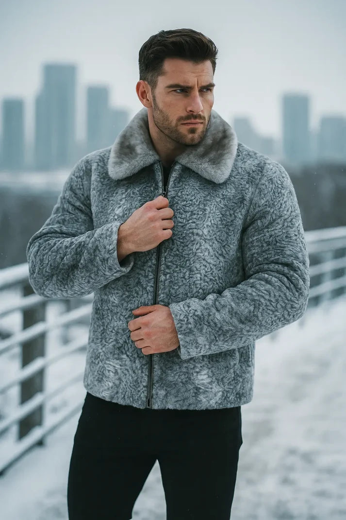 Men's Grey Persian Lamb Fur Jacket – Broadtail Astrakhan Mink Collar Coat