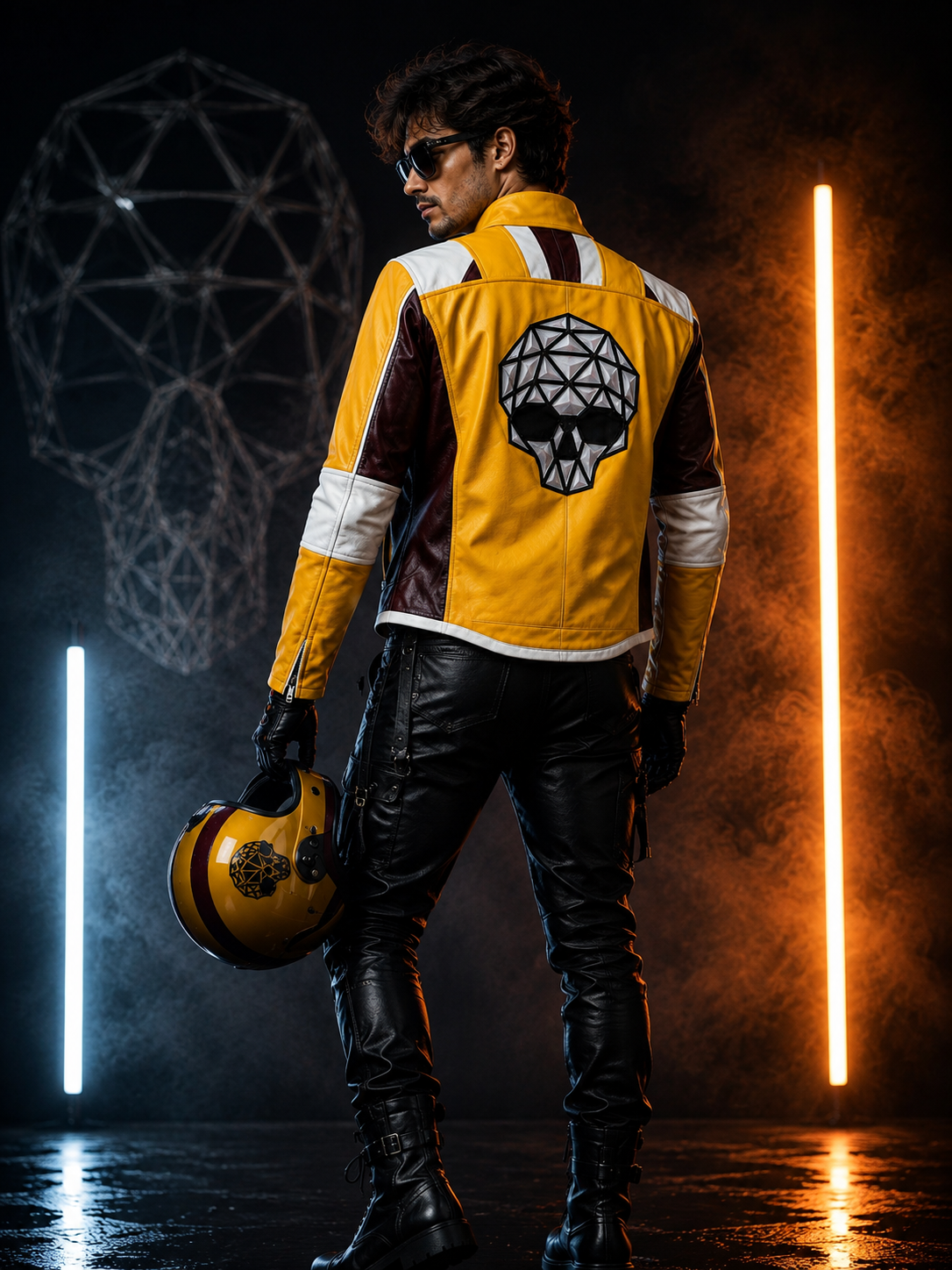 Men’s Yellow Racing Leather Jacket – Skull Back Graphic Motorcycle Biker Jacket with Burgundy & White Panels