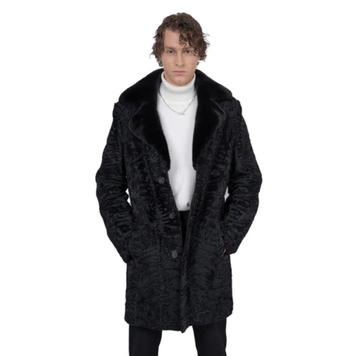Men's Black Persian Lamb Coat – Mink Fur Collar Double-Breasted Overcoat