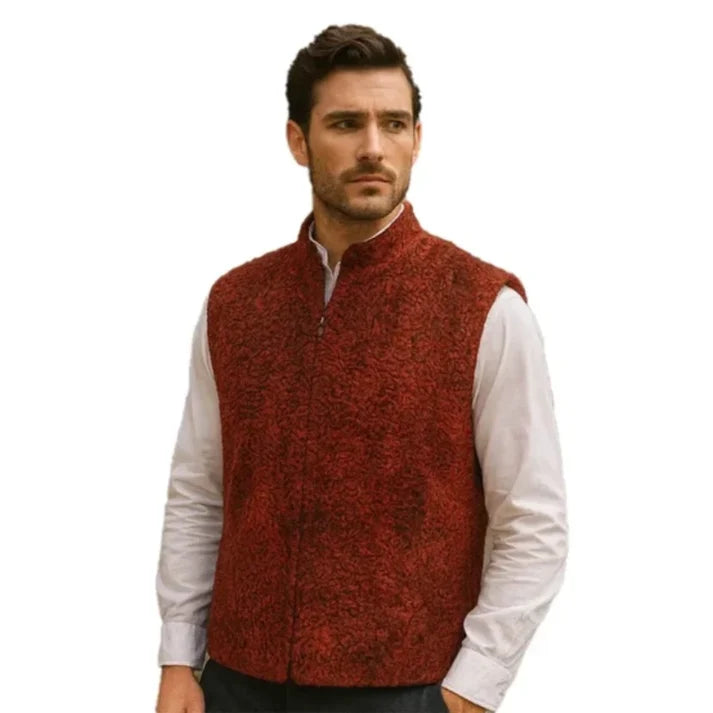 Men's Red Persian Lamb Fur Vest – Genuine Karakul Astrakhan Waistcoat