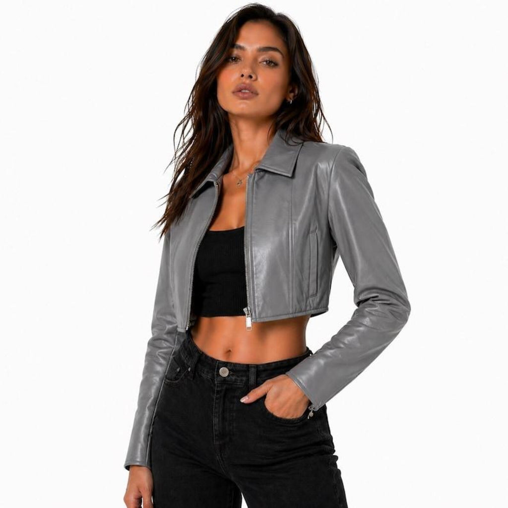 Women’s Grey Cropped Leather Jacket – Stylish Slim Fit Zip-Up Jacket with Collared Design