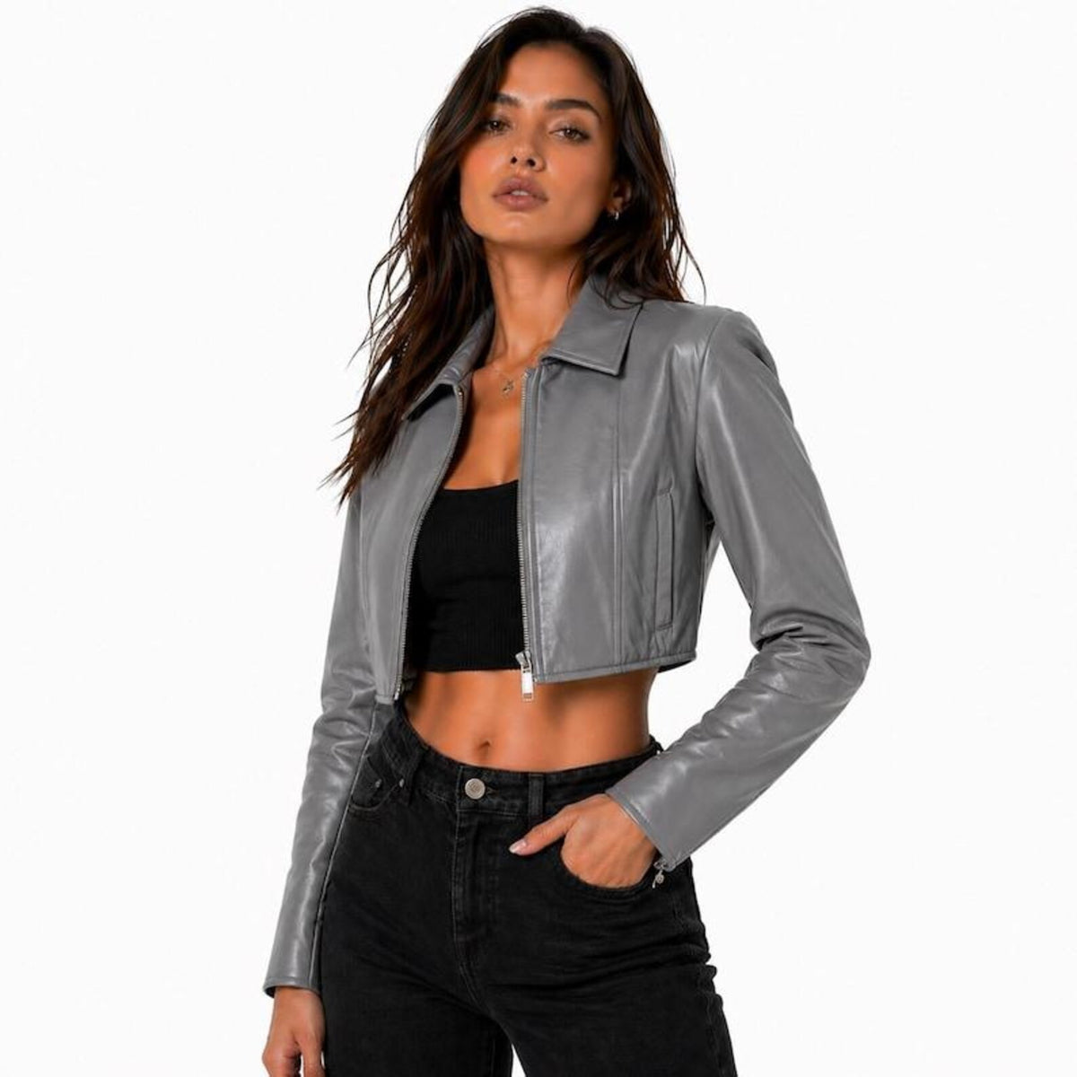 Women’s Grey Cropped Leather Jacket – Stylish Slim Fit Zip-Up Jacket with Collared Design
