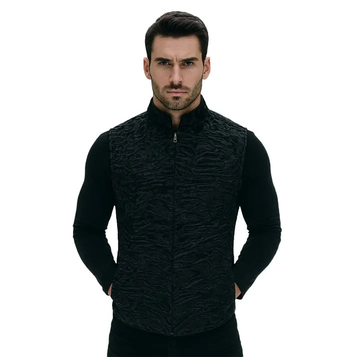 Men’s Black Textured Vest – Zip-Up Stand Collar Waistcoat