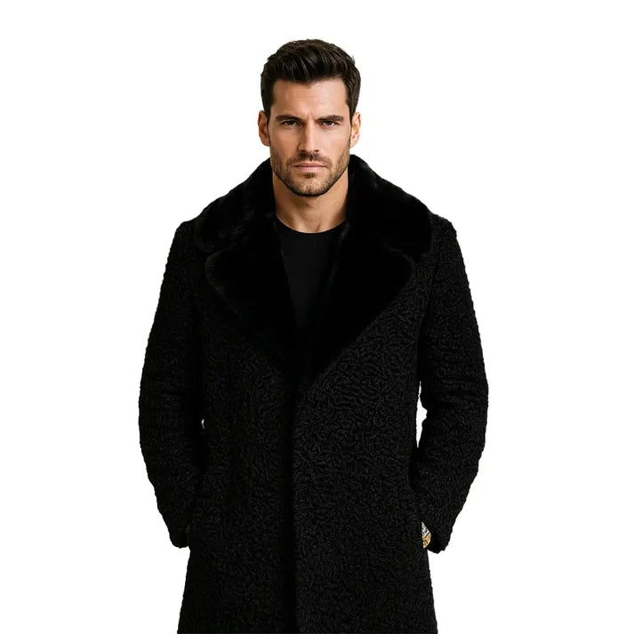 Men's Black Persian Lamb Long Coat – Real Mink Fur Collar Overcoat