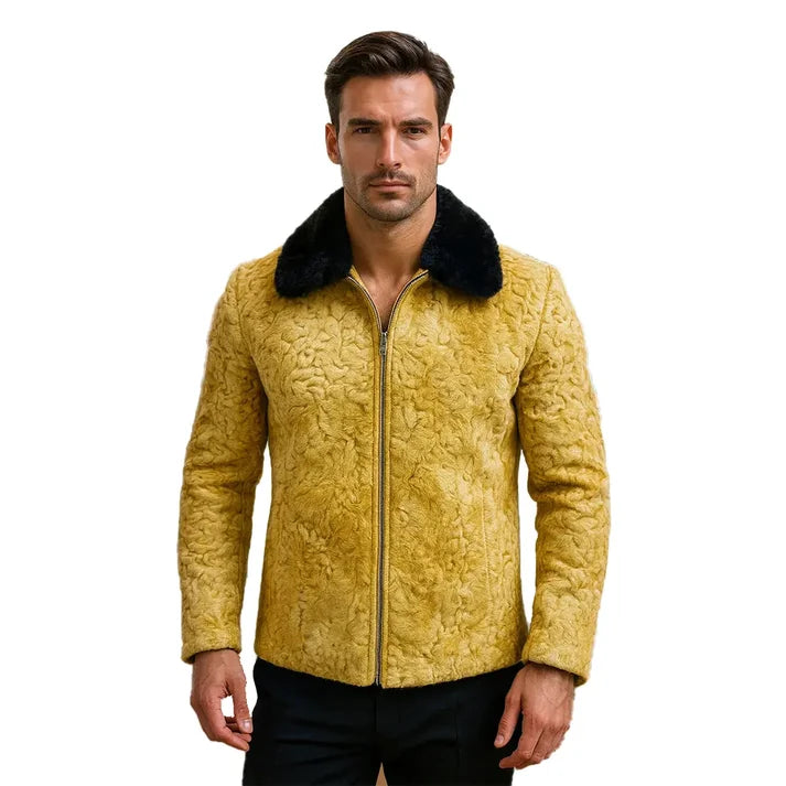 Men's Mustard Brown Persian Lamb Fur Bomber Jacket – Shearling Collar Coat