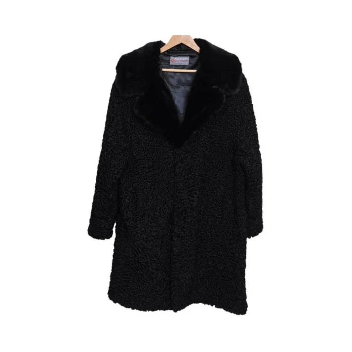 Men's Black Persian Lamb Long Coat – Real Mink Fur Collar Overcoat