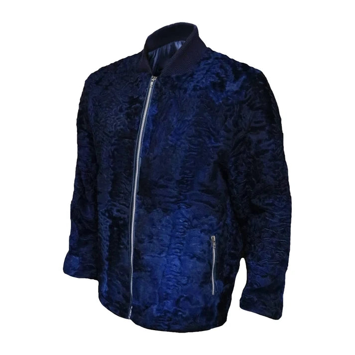 Men's Navy Blue Persian Lamb Fur Bomber Jacket – Genuine Karakul Fur Coat