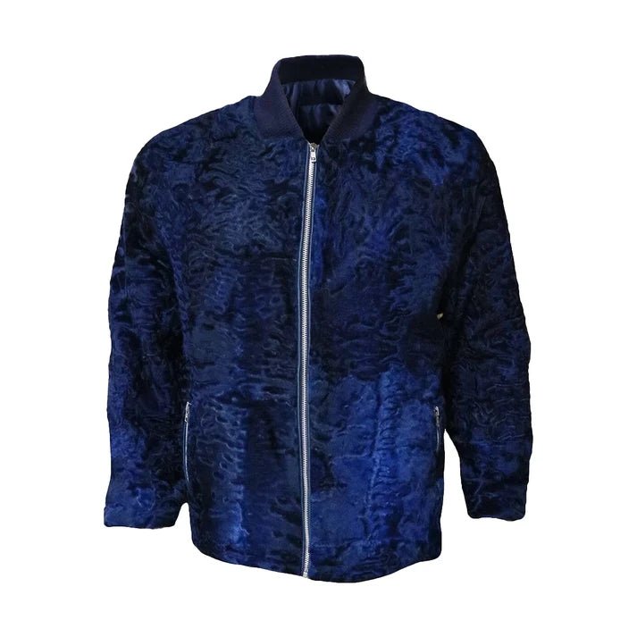 Men's Navy Blue Persian Lamb Fur Bomber Jacket – Genuine Karakul Fur Coat