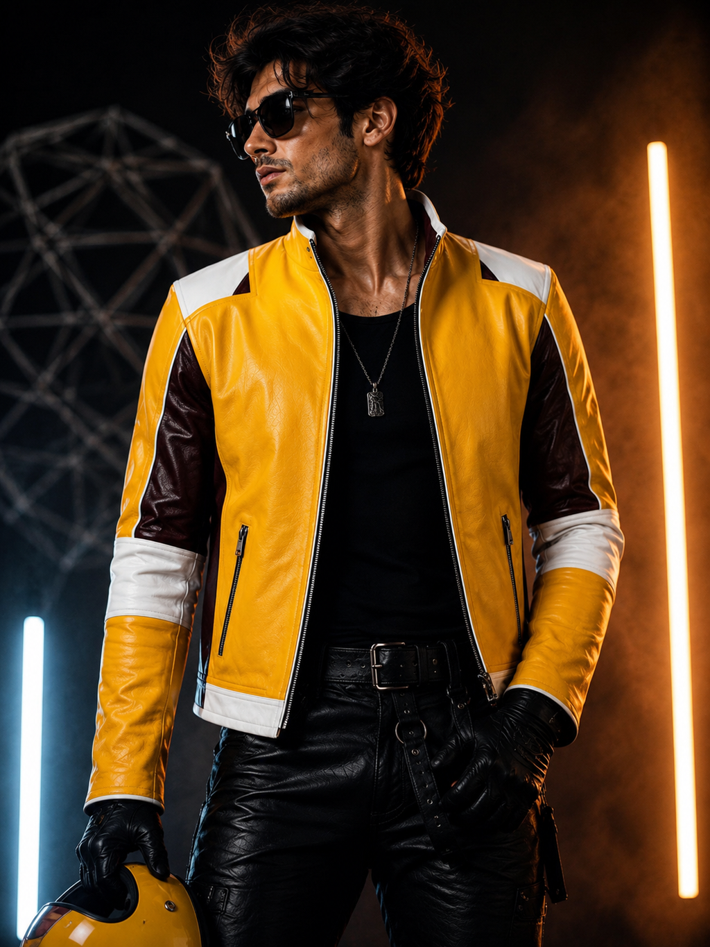 Men’s Yellow Racing Leather Jacket – Skull Back Graphic Motorcycle Biker Jacket with Burgundy & White Panels