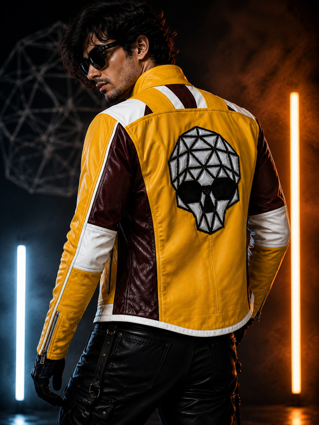 Men’s Yellow Racing Leather Jacket – Skull Back Graphic Motorcycle Biker Jacket with Burgundy & White Panels