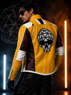 Men’s Yellow Racing Leather Jacket – Skull Back Graphic Motorcycle Biker Jacket with Burgundy & White Panels