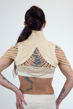 Women’s Beige Leather Vest – Cropped Sleeveless Biker Vest with Braided Shoulder Straps