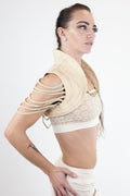 Women’s Beige Leather Vest – Cropped Sleeveless Biker Vest with Braided Shoulder Straps