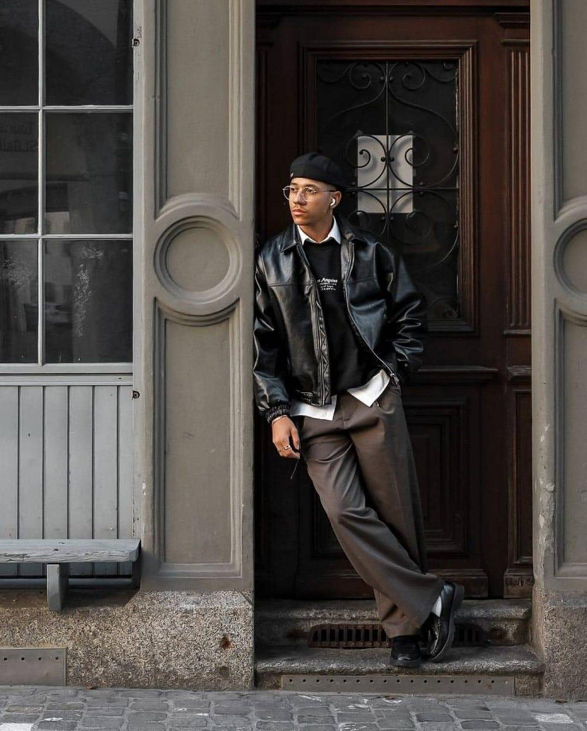 Men's Black Leather Bomber Jacket