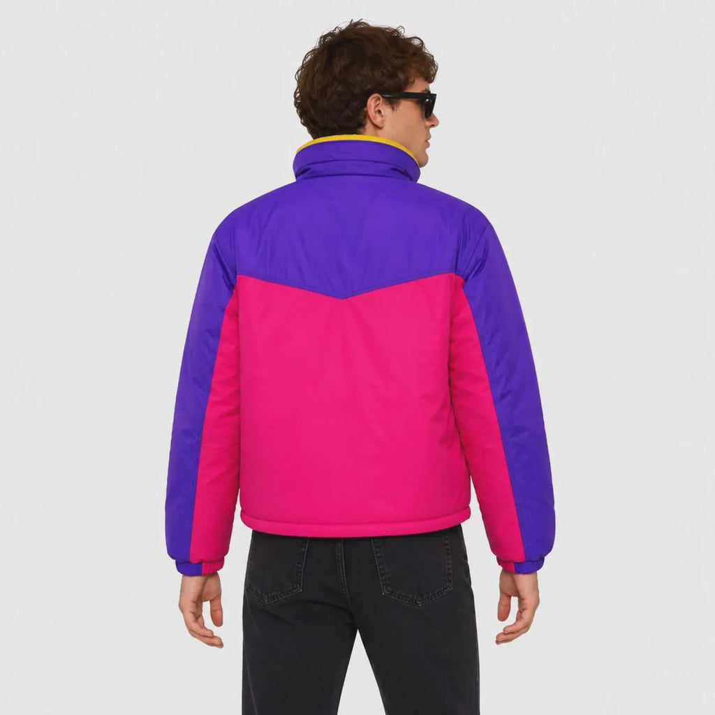 Unisex Purple & Pink Color Block Puffer Jacket – Retro Winter Jacket