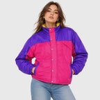 Unisex Purple & Pink Color Block Puffer Jacket – Retro Winter Jacket