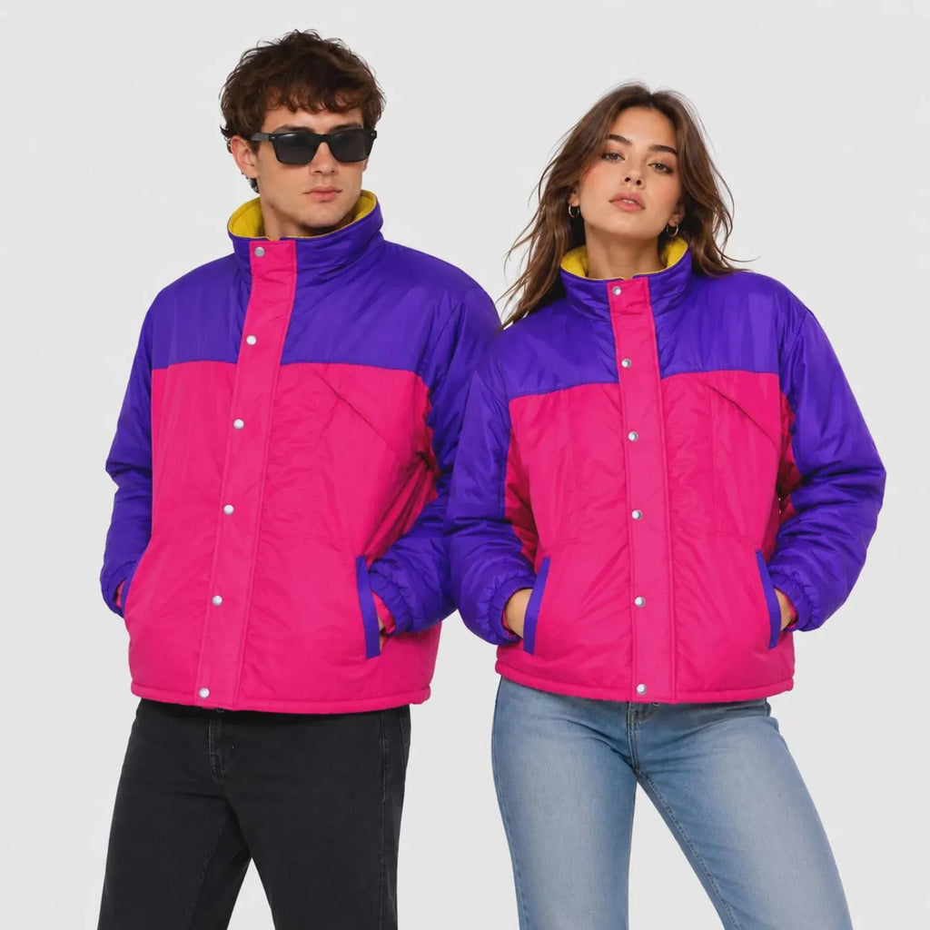 Unisex Purple & Pink Color Block Puffer Jacket – Retro Winter Jacket