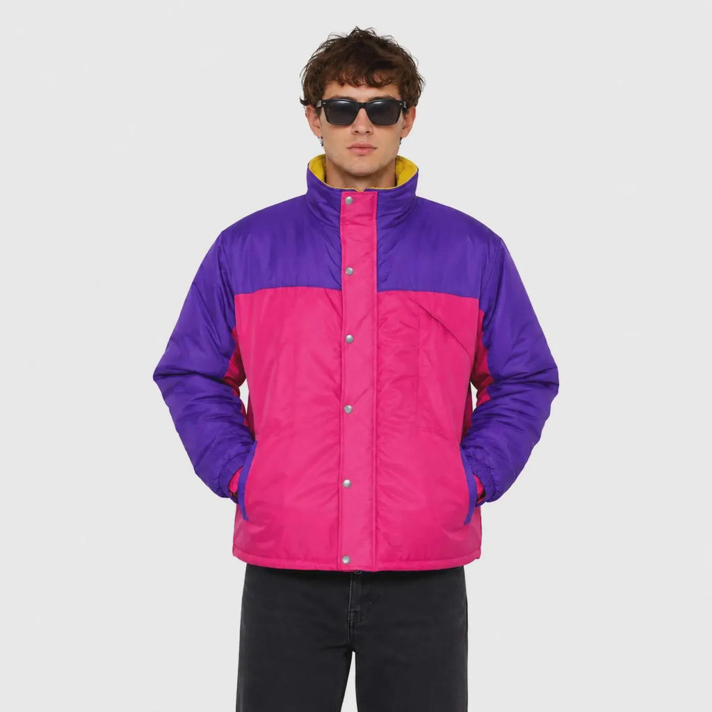 Unisex Purple & Pink Color Block Puffer Jacket – Retro Winter Jacket