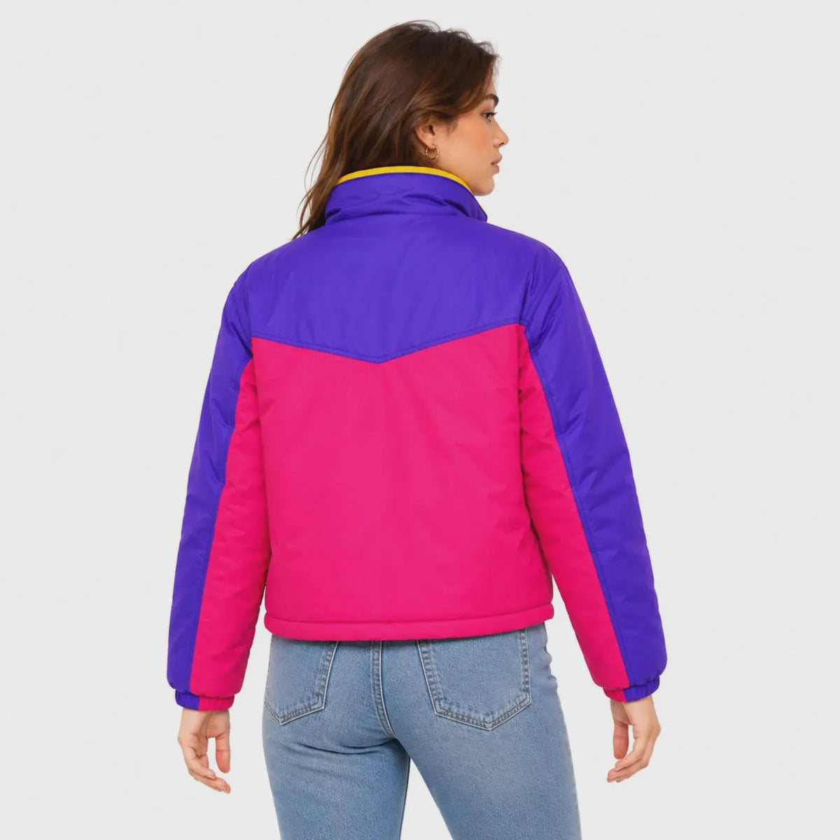 Unisex Purple & Pink Color Block Puffer Jacket – Retro Winter Jacket