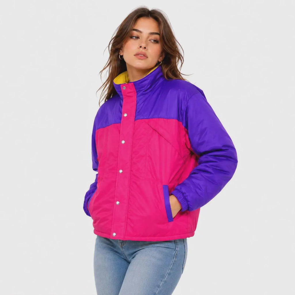 Unisex Purple & Pink Color Block Puffer Jacket – Retro Winter Jacket