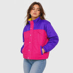 Unisex Purple & Pink Color Block Puffer Jacket – Retro Winter Jacket