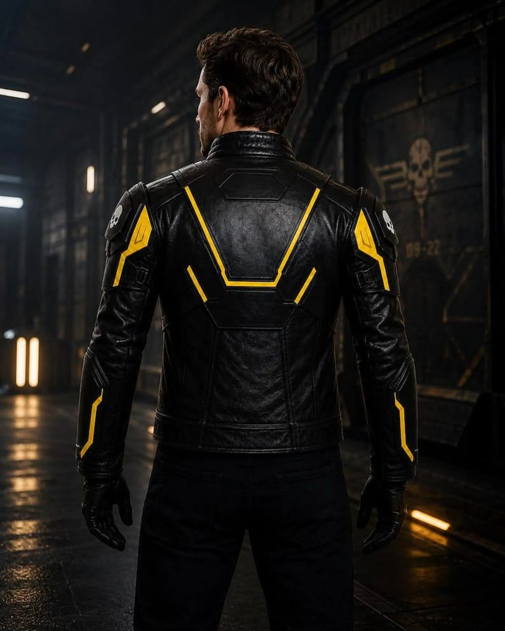 Men's Black Leather Jacket with Yellow Accents