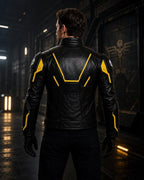 Men's Black Leather Jacket with Yellow Accents