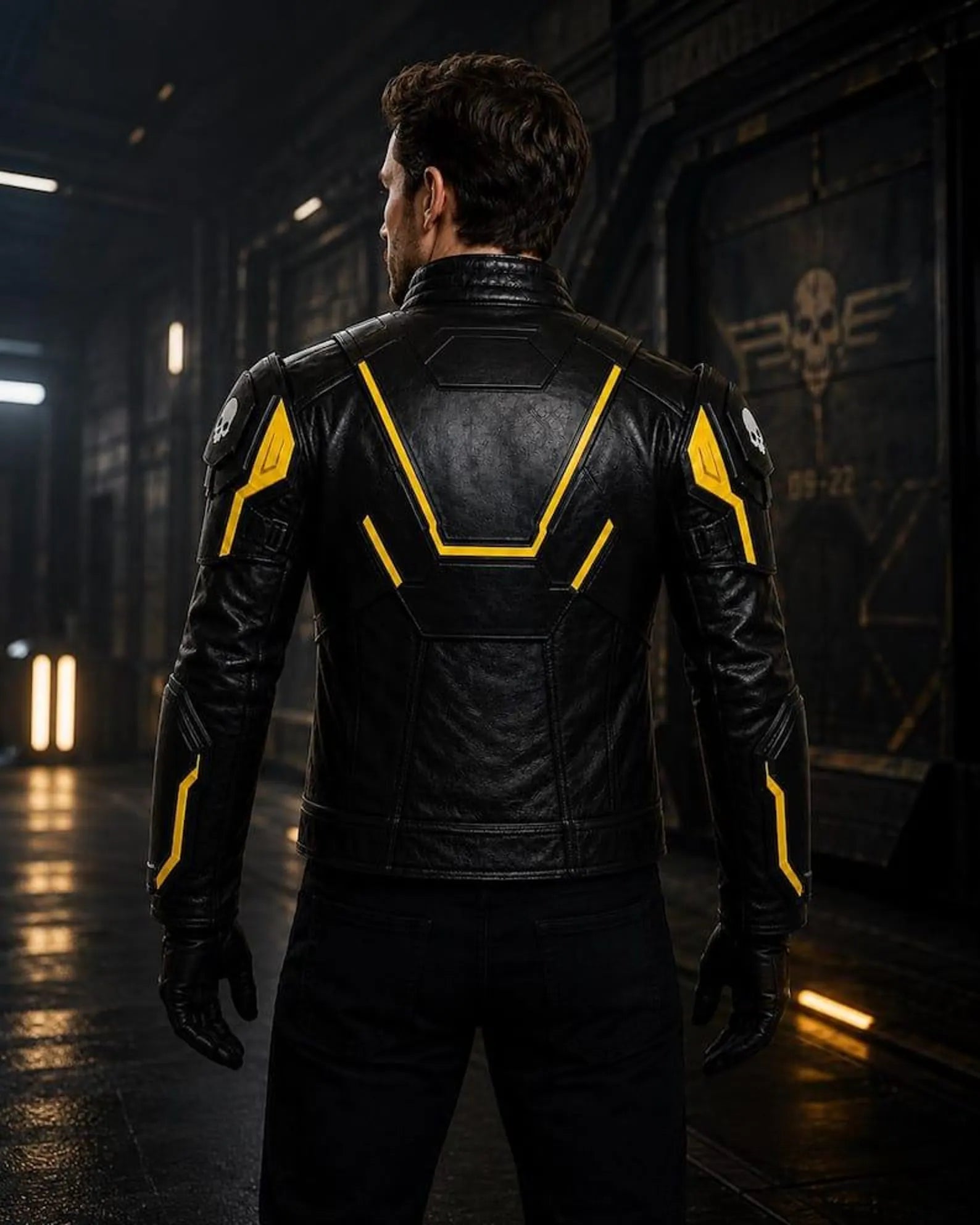 Men's Black Leather Jacket with Yellow Accents