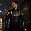 Men's Black Leather Jacket with Yellow Accents