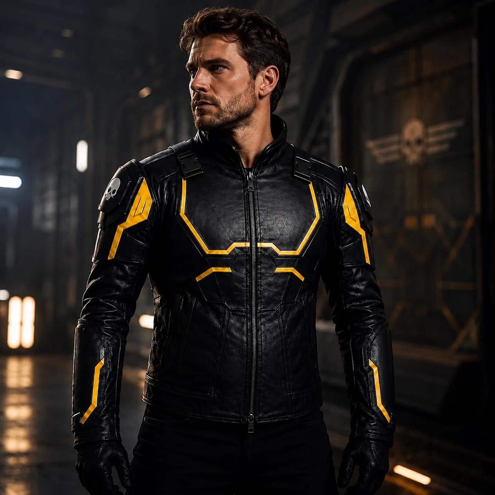Men's Black Leather Jacket with Yellow Accents