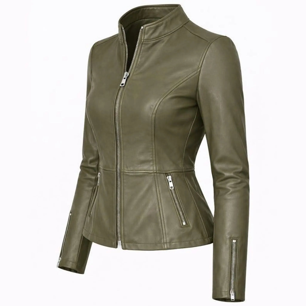 Women’s Olive Green Leather Jacket – Fitted Zip Up Moto Jacket