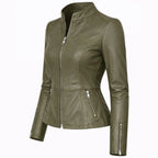Women’s Olive Green Leather Jacket – Fitted Zip Up Moto Jacket