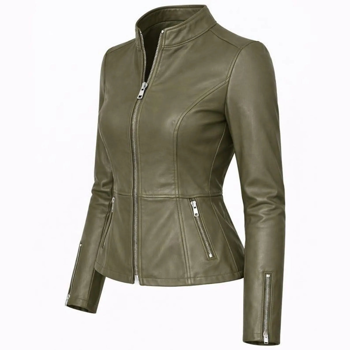 Women’s Olive Green Leather Jacket – Fitted Zip Up Moto Jacket