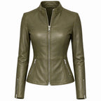 Women’s Olive Green Leather Jacket – Fitted Zip Up Moto Jacket