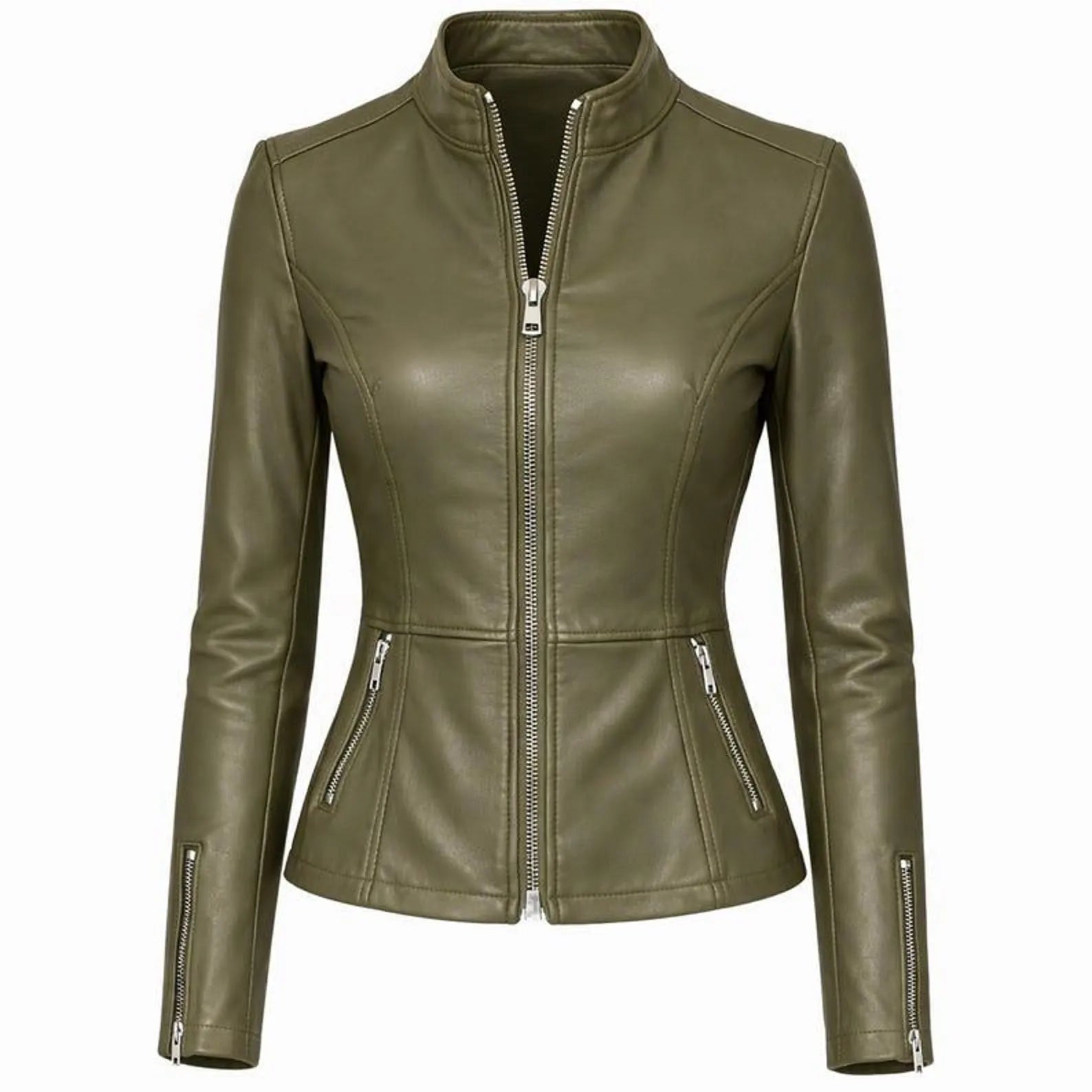 Women’s Olive Green Leather Jacket – Fitted Zip Up Moto Jacket
