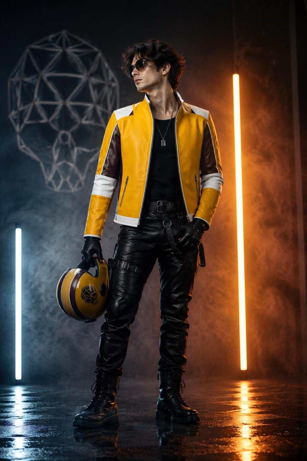 Men’s Yellow Racing Leather Jacket – Skull Back Graphic Motorcycle Biker Jacket with Burgundy & White Panels