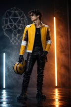 Men’s Yellow Racing Leather Jacket – Skull Back Graphic Motorcycle Biker Jacket with Burgundy & White Panels